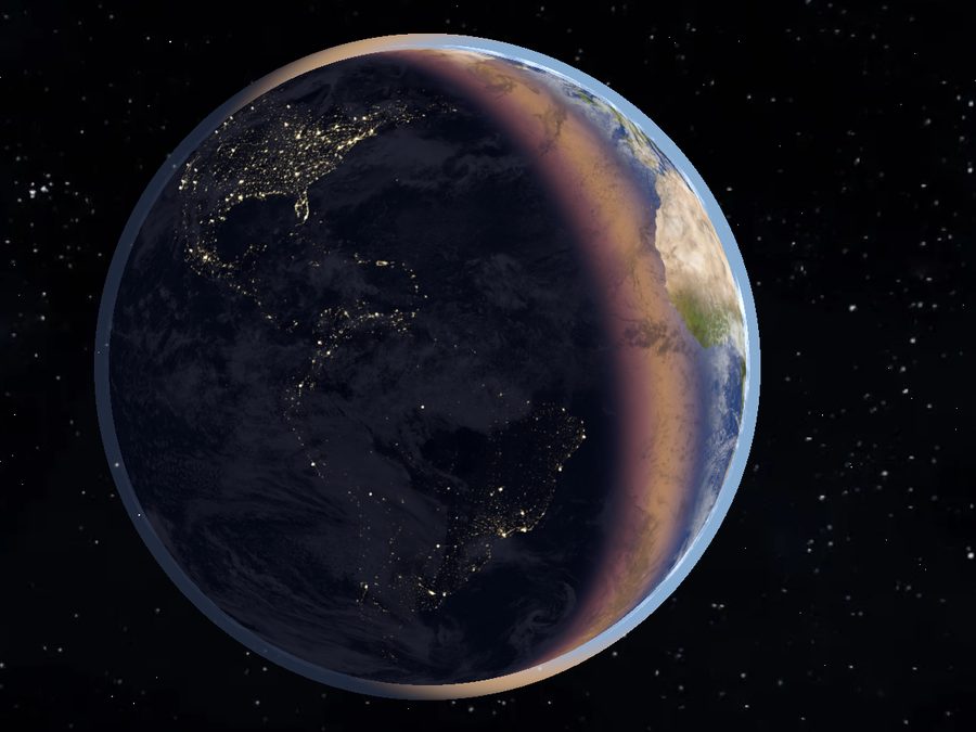 Rendu 3D de la Terre montrant la ligne de terminaison entre le jour et la nuit